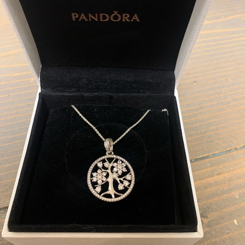 Never worn Pandora family tree necklace with free heart charm included!